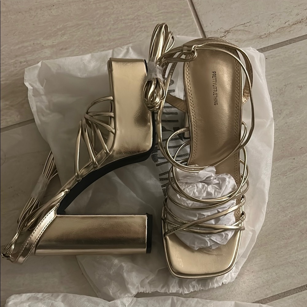 PrettyLittleThing Gold Strappy Heels